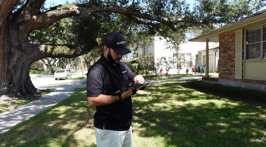A man wearing a black cap and shirt stands on a grassy lawn with improved landscaping under a large tree, using a tablet. Houses and a sidewalk are visible in the background on a sunny day.