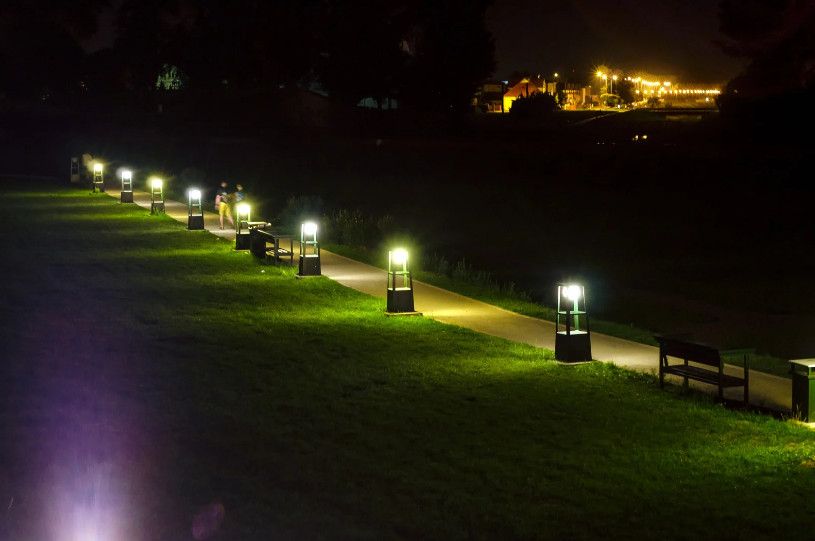 A well-lit garden pathway featuring professionally installed landscape lights that highlight plants, stone borders, and architectural details. The warm, low-voltage lighting enhances curb appeal and improves nighttime safety. This image illustrates the impact of expert landscape lighting installation, creating a welcoming and visually striking outdoor environment after dark.
