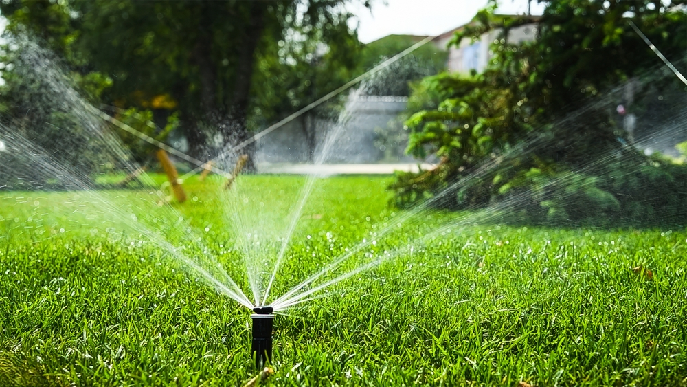 A black sprinkler head sprays water in multiple streams over a green grassy lawn, with trees and blurred buildings visible in the background.